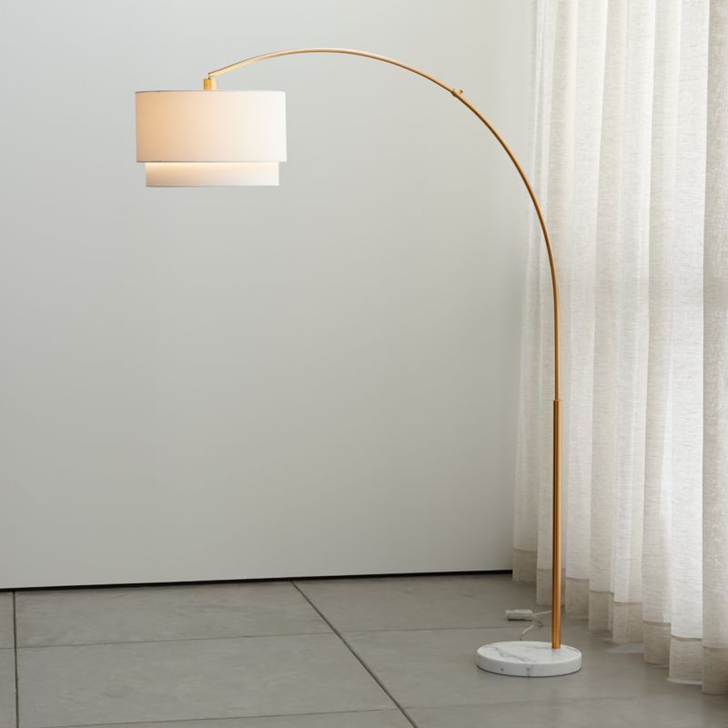 Meryl Arc Brass Corner Floor Lamp with White Shade + Reviews | Crate & Barrel | Crate & Barrel