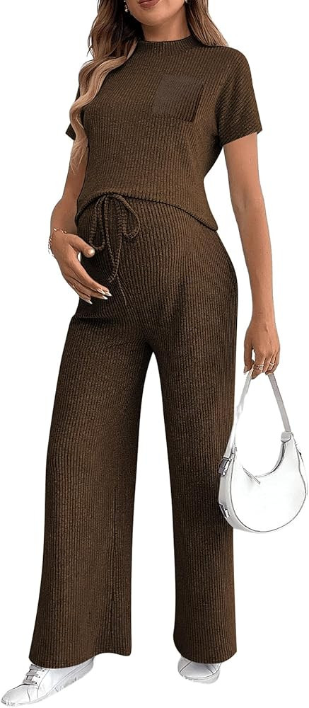 OYOANGLE Women's Maternity Lounge Set 2 Piece Ribbed Knit Short Sleeve Top and Pants Pajama Set S... | Amazon (US)