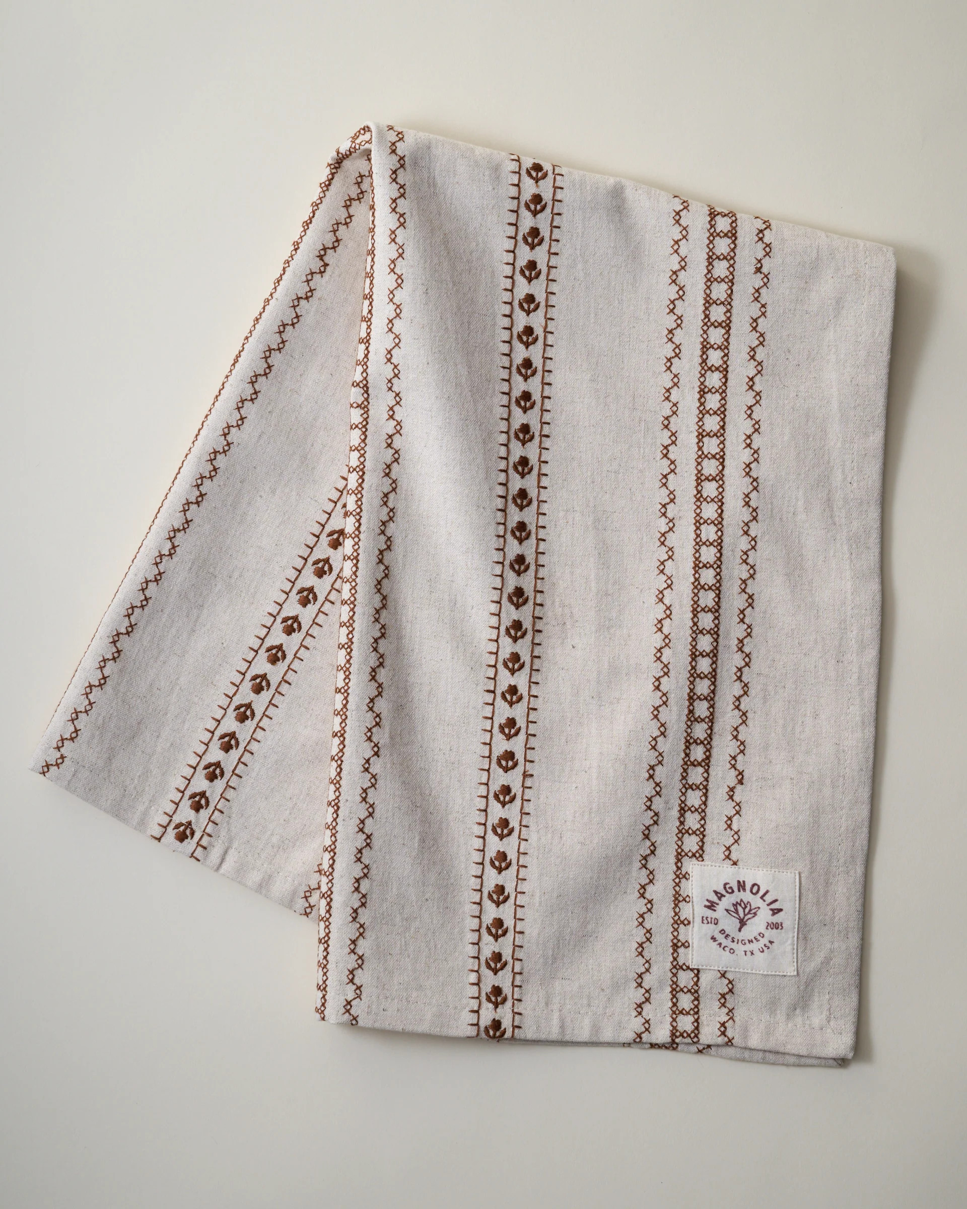 Natural Embroidered Stripe Tea Towel | Magnolia