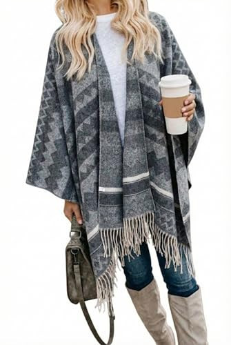 Bestshe Women's Boho Open Front Poncho Knitted Plaid Shawl Wrap Cape Tassel Cardigan Sweater | Amazon (US)