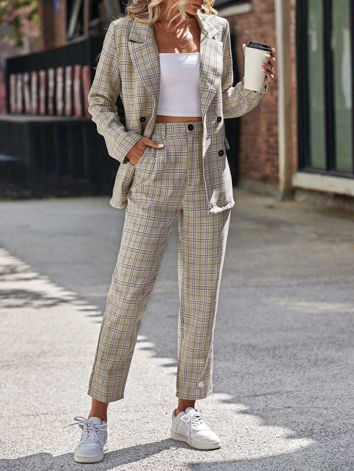 SHEIN LUNE Plaid Print Lapel Neck Blazer & Pants | SHEIN