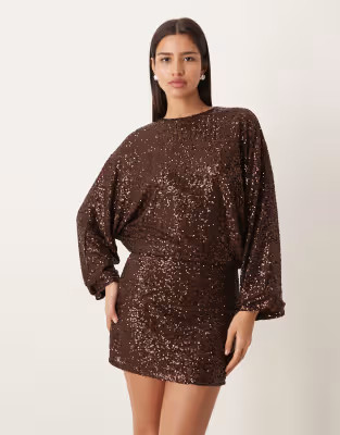 Gina Tricot long sleeve sequin low back mini dress in dark brown | ASOS (Global)