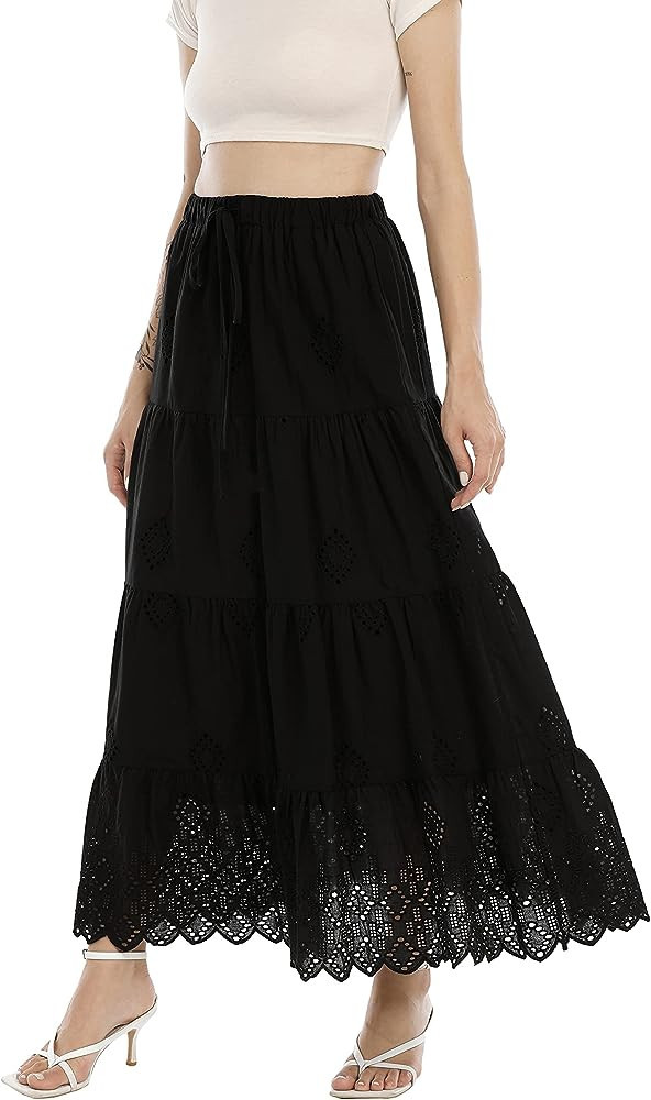 Love Welove Fashion Women’s Summer 2023 Casual Solid Color Boho Embroidered Tiered Maxi Skirt | Amazon (US)
