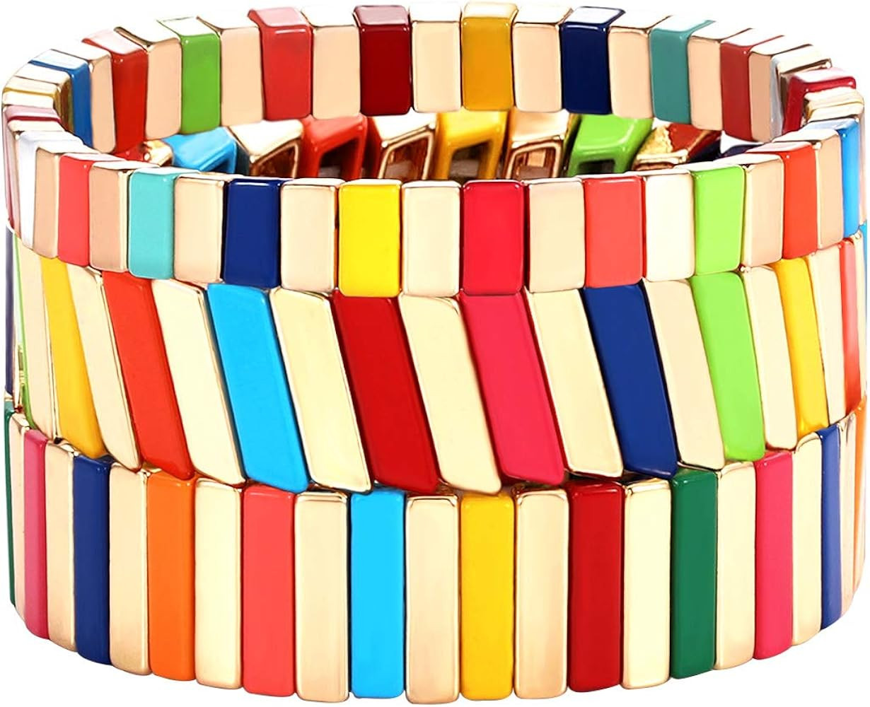 Enamel Tile Bracelets Rainbow Tile Stretch Bracelets for Women Multicolored Colorblock Bangle Bra... | Amazon (US)