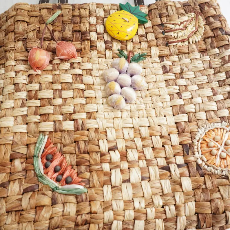 VTG Woven Raffia Straw Tote Bag Fruit Applique Gingham Lined Unique Fruit Beach - Etsy | Etsy (US)