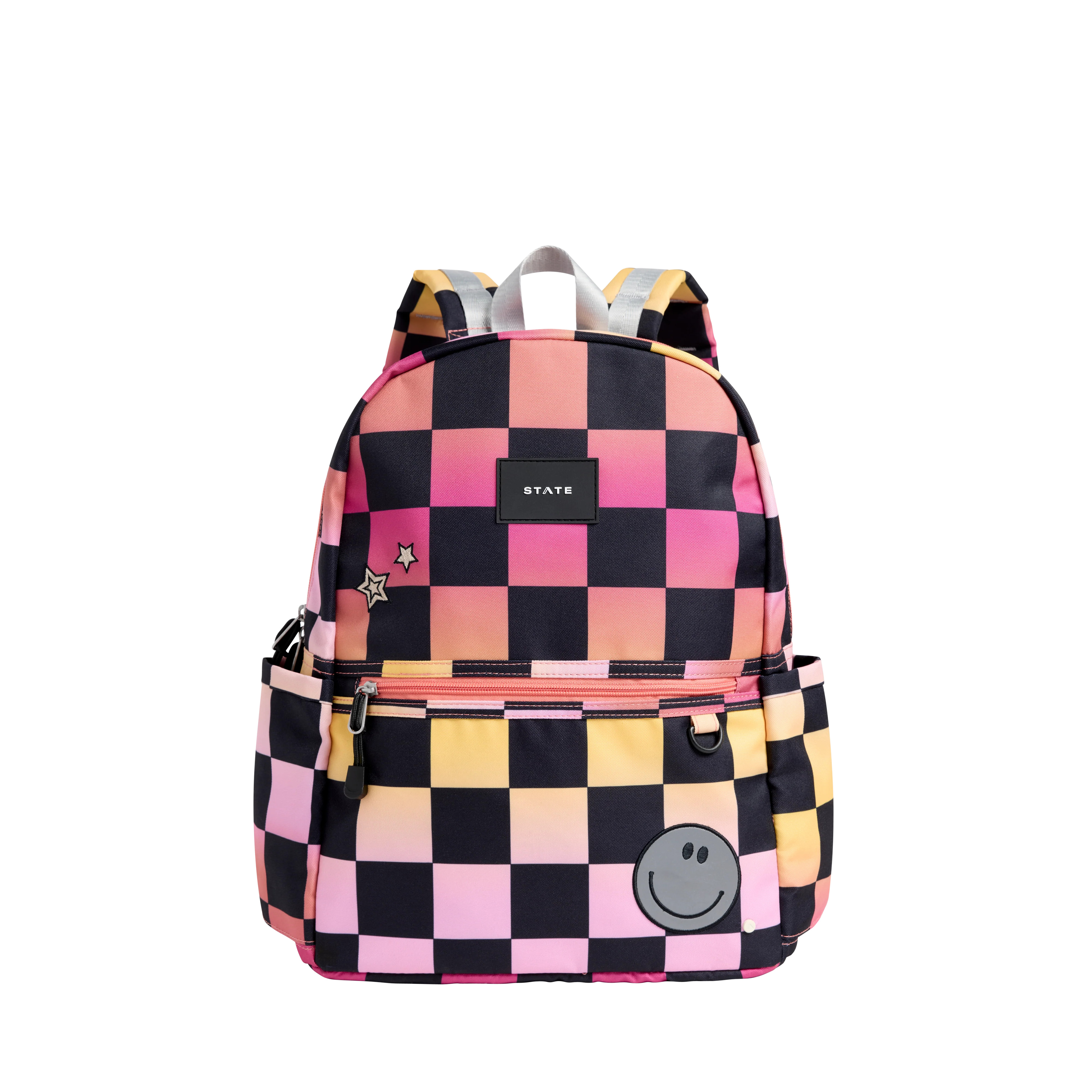 STATE Bags | Kane Kids Double Pocket Backpack Recycled Poly Canvas Pink Checkerboard | STATE Bags
