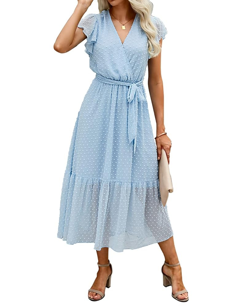 BTFBM Women Summer Bohemian Floral Casual Wrap V Neck Ruffle Cap Sleeveless Belt A-Line Pleated H... | Amazon (US)