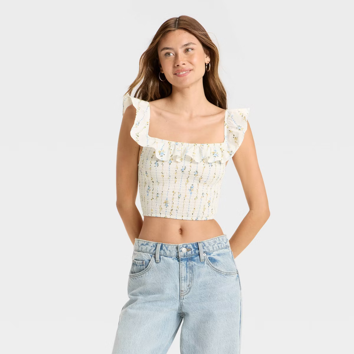 Women's Ruffle Sleeve Smocked Tank Top - Wild Fable™ Off-White Floral S | Target