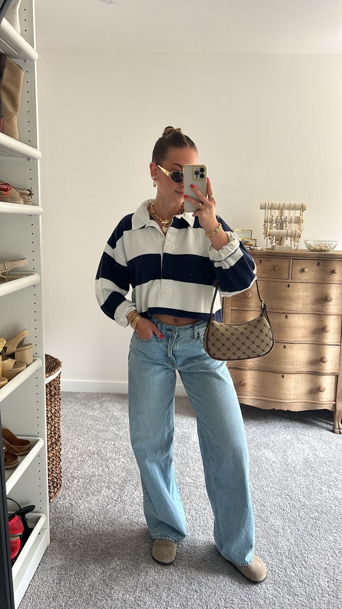 8/30/24 casual fall transition outfit 🫶🏼 rugby top, rugby polo, low rise jeans, baggy jeans, Abercrombie loose jeans, Abercrombie jeans, fall transition outfits, fall fashion, fall fashion 2024, Birkenstock Boston clogs, Boston clog outfits 