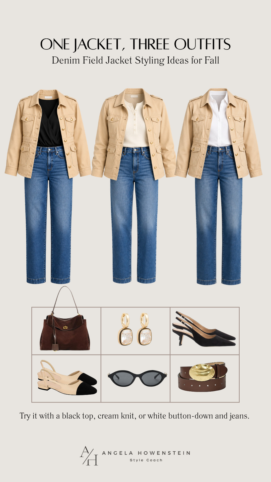 One jacket, three outfits! This versatile denim field jacket works with a simple black top, a cozy cream knit, or a classic white button-down. Add the right shoes and accessories and you have three completely different looks from one great jacket.

👩‍💻 LTK PRO TIPS
❤️ Heart = Support my posts ;-)
🔖 Save = Get sale & restock alerts for the things you love!
📋 Lists = Keep favorites organized (List ideas: Christmas, Birthdays, and Vacations!)
📲 Share = Send lists and products to a friend (or your daughters like me).
💬 Comment = Ask me anything, and I’ll answer. ;-) 

 #LTKootd #LTKSeasonal #LTKOver40