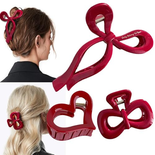 FULYA 3Pcs Red Bow Hair Clips Set for Women - red hair clip -hair bow clip,Nonslip Butterfly Hair Accessories,large claw clips for Thin thick hair,Perfect for Daily Wear, Parties (3P Red Clips) | Amazon (US)