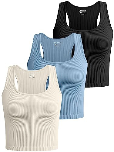 OQQ Women's 3 Piece Crop Tank Tops Ribbed Seamless Workout Sleeveless Shirts Racerback Crop Tops Black Haze Blue Beige | Amazon (US)