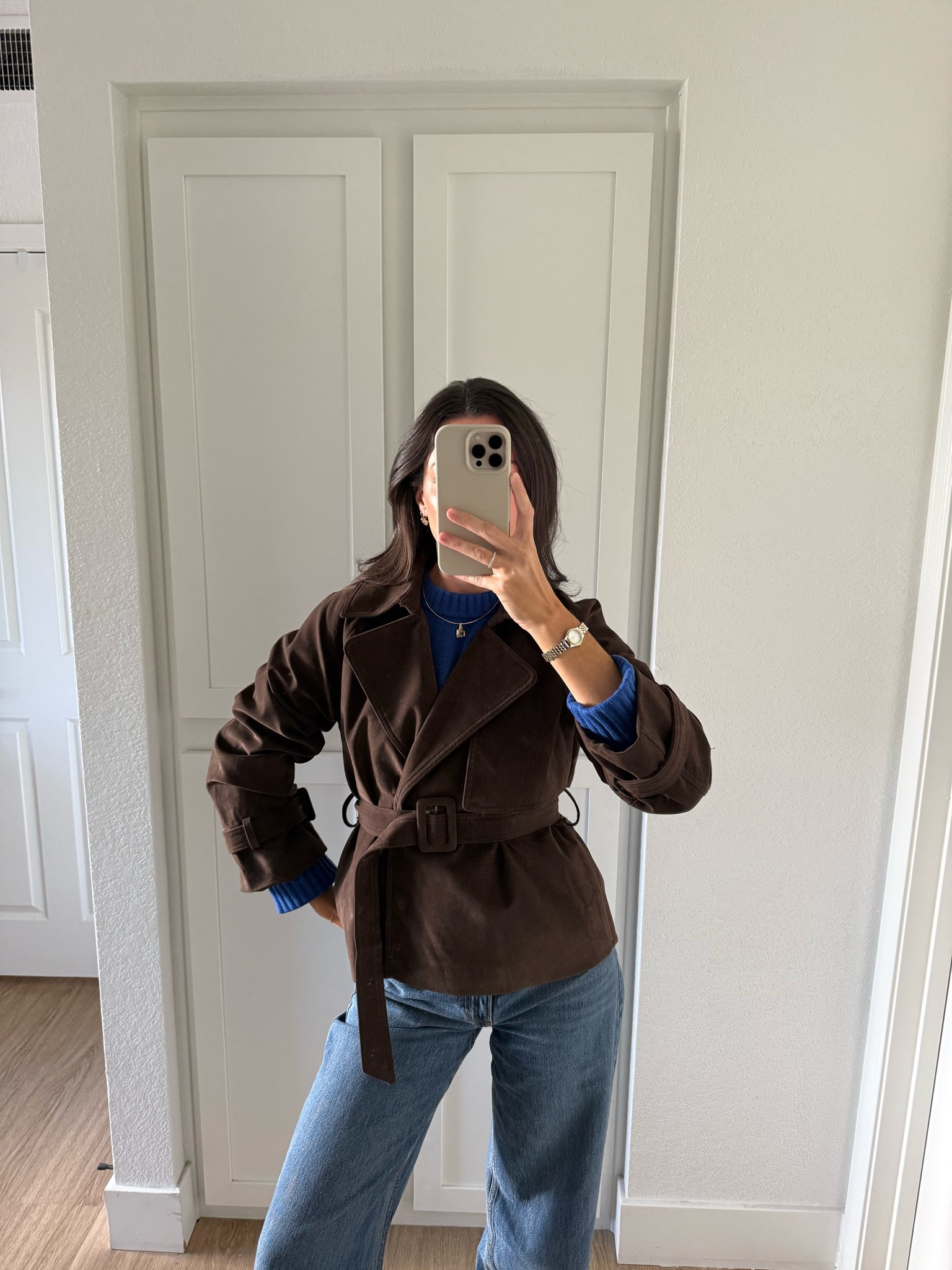 This faux suede jacket is SO flattering  and on sale! I’m 5’7” wearing XS and fits well styled over top of a sweater. Code FALLAF stacks for an extra 15%!