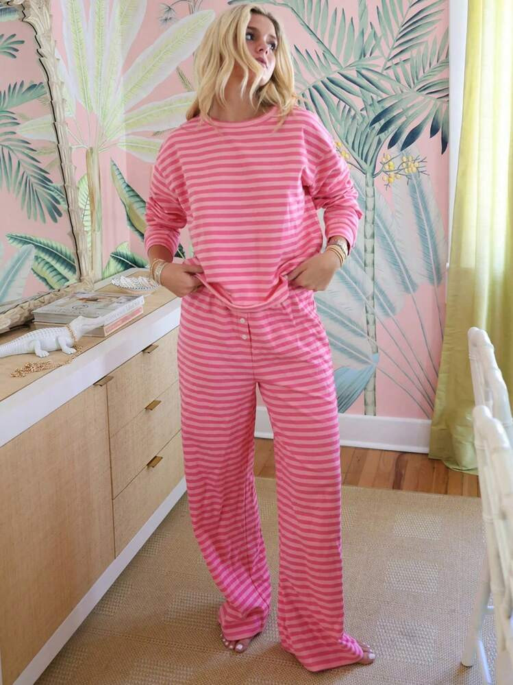 Awevudst Women's 2 Piece Outfit Set Long Sleeve Loose Striped Print Pullover Sweatshirt T-Shirt Top + Wide Leg Pants Set Sweatsuit Tracksuit | SHEIN