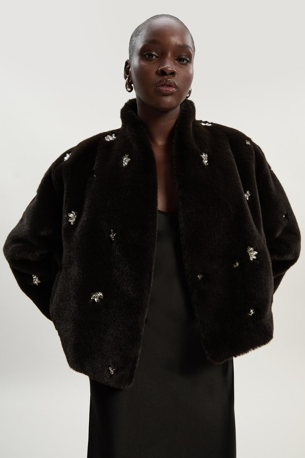 Crystal Embellished Faux Fur Short Coat | Karen Millen US