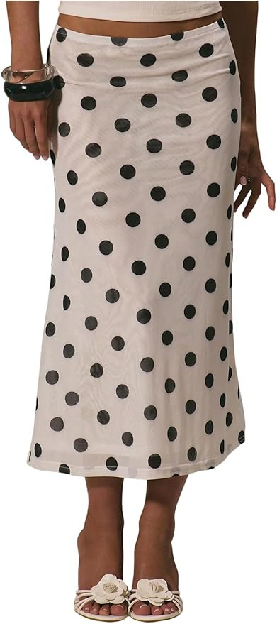MakeMeChic Women's Polka Dots Midi Skirt Summer Mesh Flowy Long Skirts | Amazon (US)