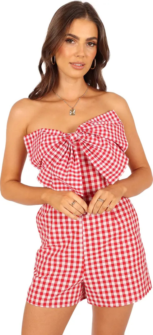 Petal & Pup Bambi Gingham Strapless Cotton Bow Front Romper | Nordstrom | Nordstrom