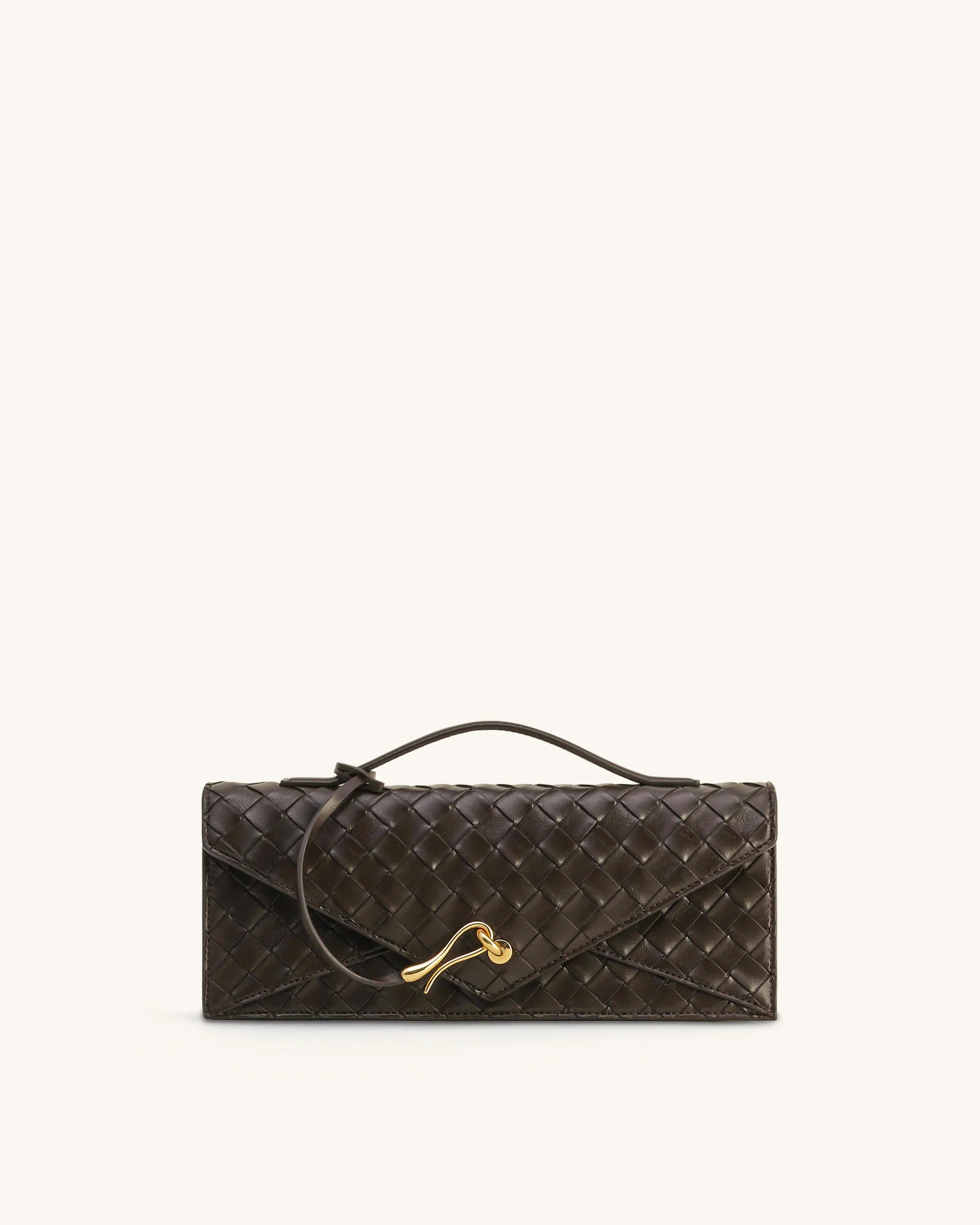 Celeste Woven Textured Envelope Top Handle Bag - Dark Brown | JW PEI US