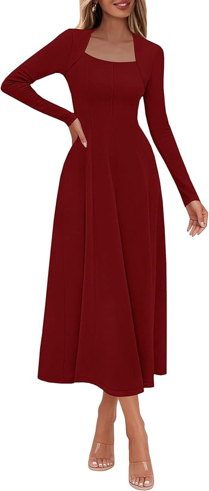 Lazysmile Long Sleeve Fall Dresses for Women Square Neck A Line Flowy Casual Elegant Wedding Gues... | Amazon (US)
