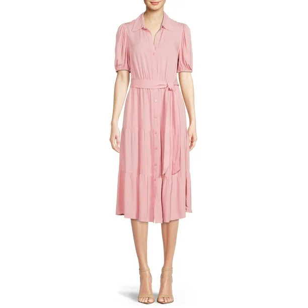 Time and Tru Women's Tiered Midi Shirt Dress - Walmart.com | Walmart (US)