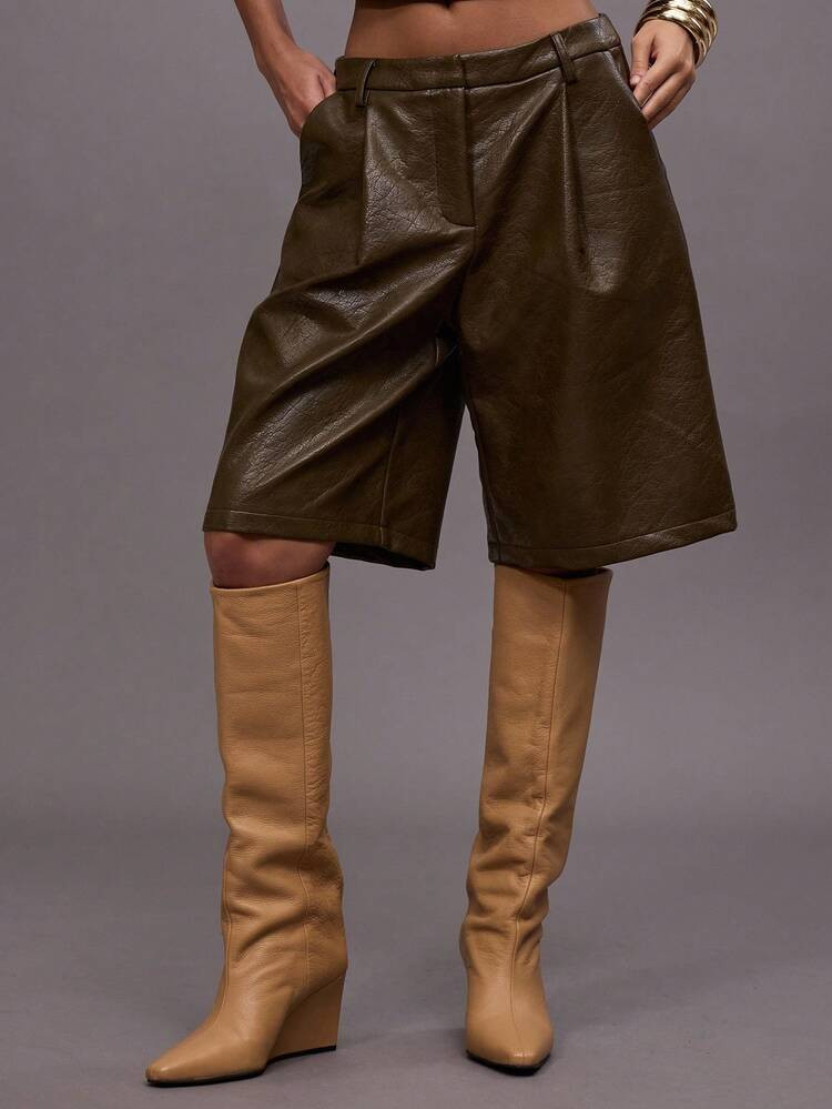 MUSERA Pleated Suit Pant Style Faux Leather Co-Ord Bottoms Only Fall Autumn Winter Night Out Going Out Streetwear Cute Back To School Sexy Uncut Thanksgiving | SHEIN