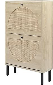 ZeHuoGe Natural Rattan Shoe Cabinet with 2 Flip Drawers, Modern 2-Tier Shoe Rack Storage Cabinet ... | Amazon (US)