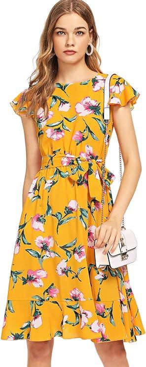 Floerns Women's Floral Print Ruffle Tie Waist Summer Chiffon Dress | Amazon (US)