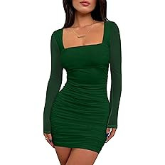 BORIFLORS Women's Sexy Ruched Bodycon Mini Dress Mesh Long Sleeve Club Party Short Dresses | Amazon (US)