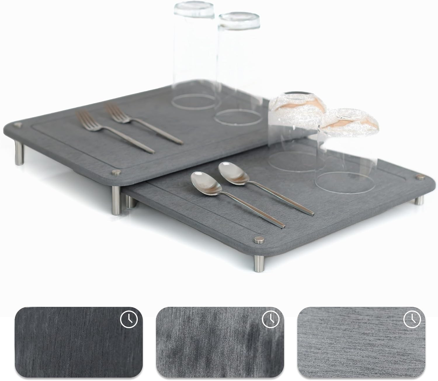 2 PCs Nesting Stone Dish Drying Mats for Kitchen Counter - Absorbent Quick Drying Diatomaceous Earth Stone Drying Mat with Non-Slip Feet - Heat Resistant & Odorless Dish Drying Stone Mat - Gray Solid | Amazon (US)