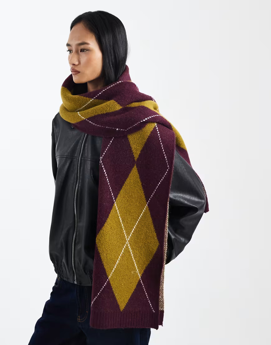ASOS DESIGN knitted argyle scarf in burgundy-Multi | ASOS (Global)