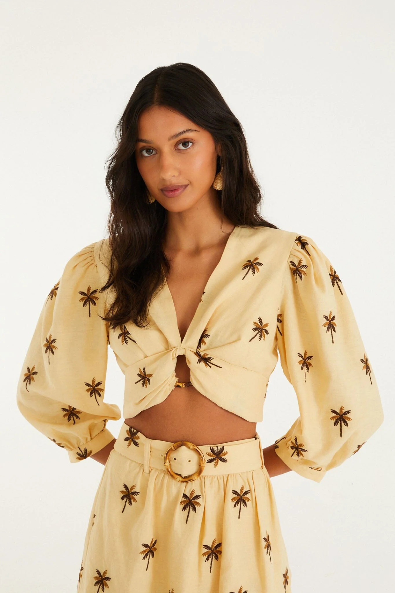 Sand Embroidered Trees Buckled Long Sleeve Crop Top | Farm Rio UK