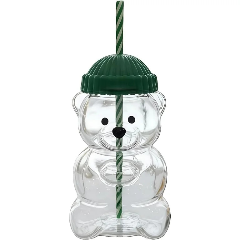 Holiday Bear Tumbler with Green Striped Straw, Clear Glass Bear-Shaped Cup with Winter Hat, Chris... | Walmart (US)
