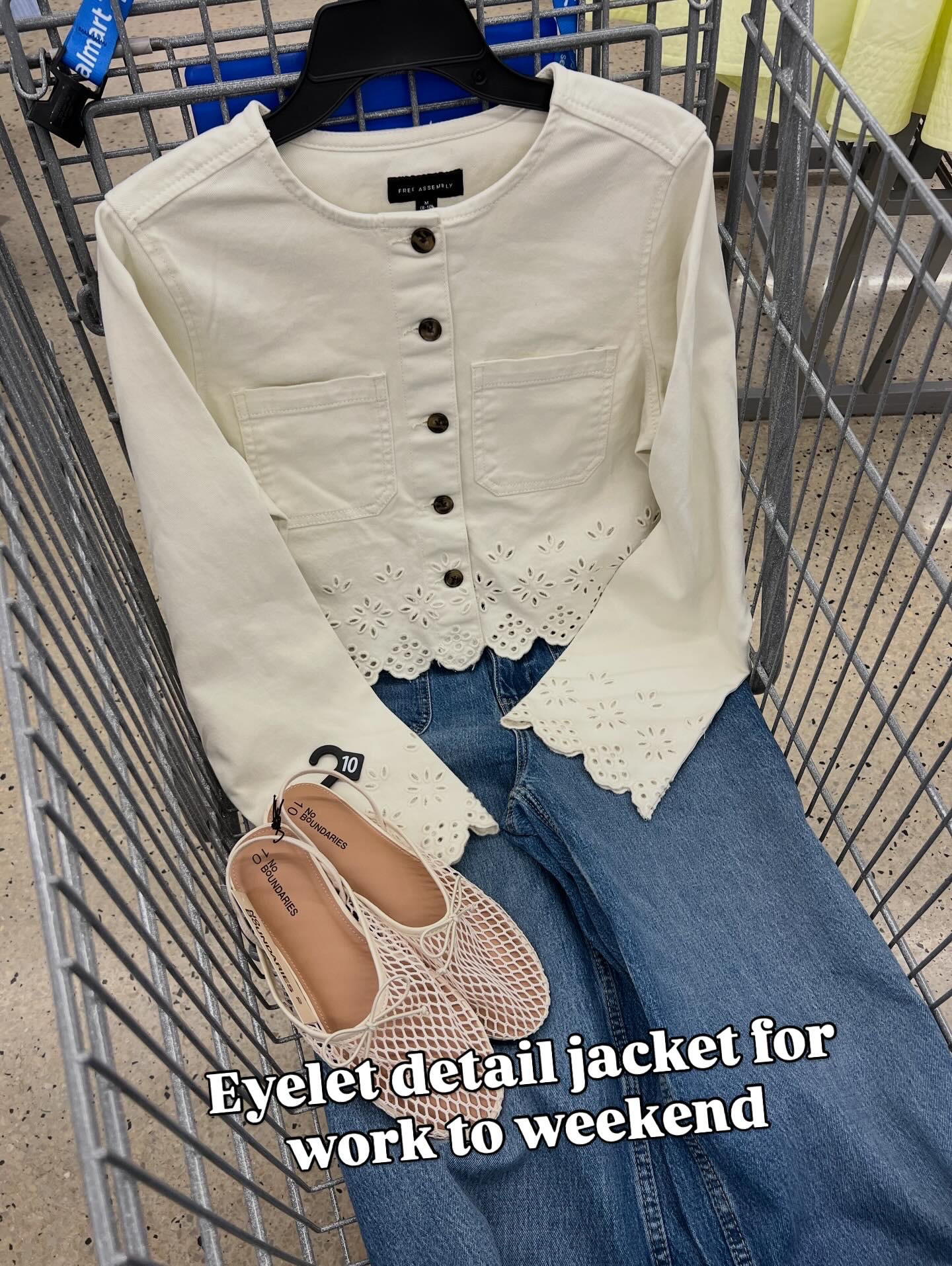 Eyelet detail denim jacket and high rise jean outfit idea. 