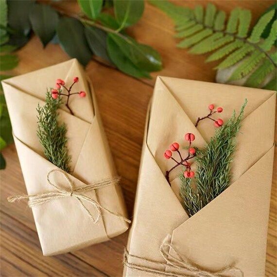 77x54cm Kraft Paper Wrapping Set (Paper, Ribbon, Preserved Pine Leaves, Red Fruits), Gift Wrap, W... | Etsy (US)