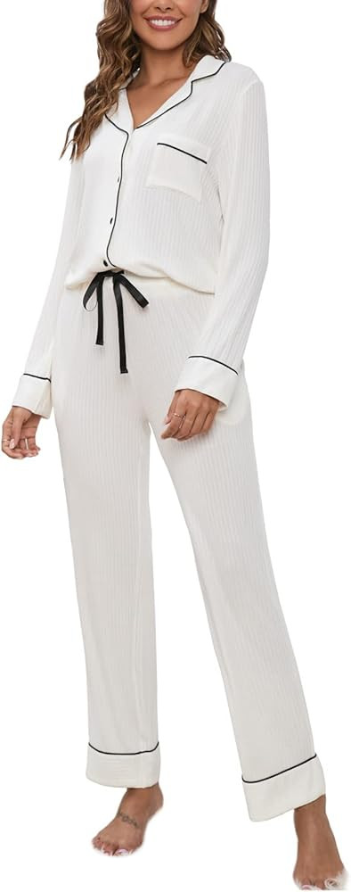 MANBEIYA Women's Pajama Sets Button Down Soft Long Sleeve Sleepwear Pjs Two Piece Lounge Sets | Amazon (US)