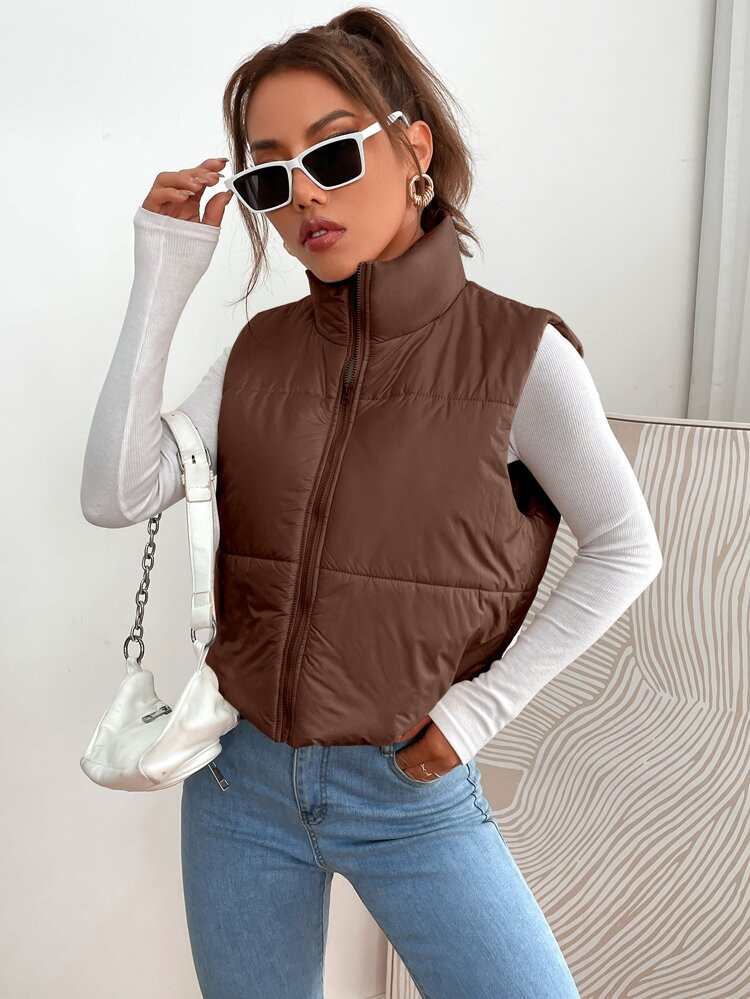 Solid Zipper Up Puffer Vest Coat | SHEIN