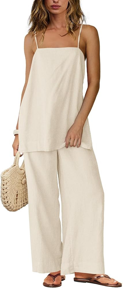 Yanekop Linen Sets for Women 2 Piece Pants Summer Outfits Matching Lounge Sets Spaghetti Strap Ta... | Amazon (US)