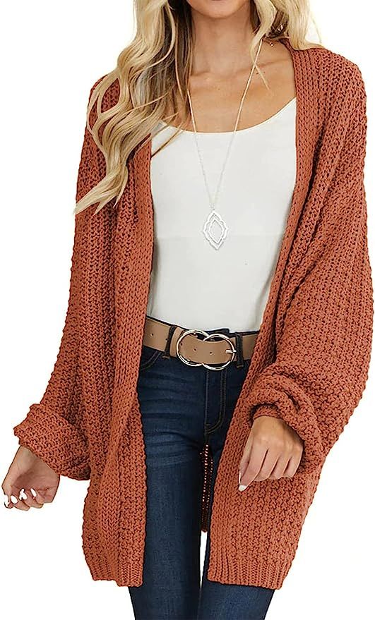 VTSGN Women's Long Lantern Sleeve Chunky Knit Sweater Open Front Cardigan Pockets Loose Outwear | Amazon (US)