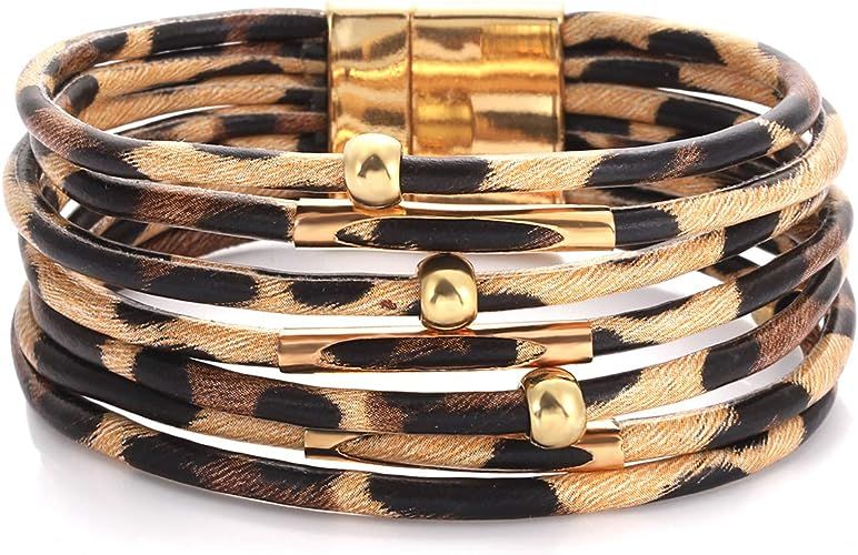 PHALIN Leather Wrap Bracelet for Women Crystal Wide Cuff Bracelets Multi-Layer Leopard Bangles Wr... | Amazon (US)