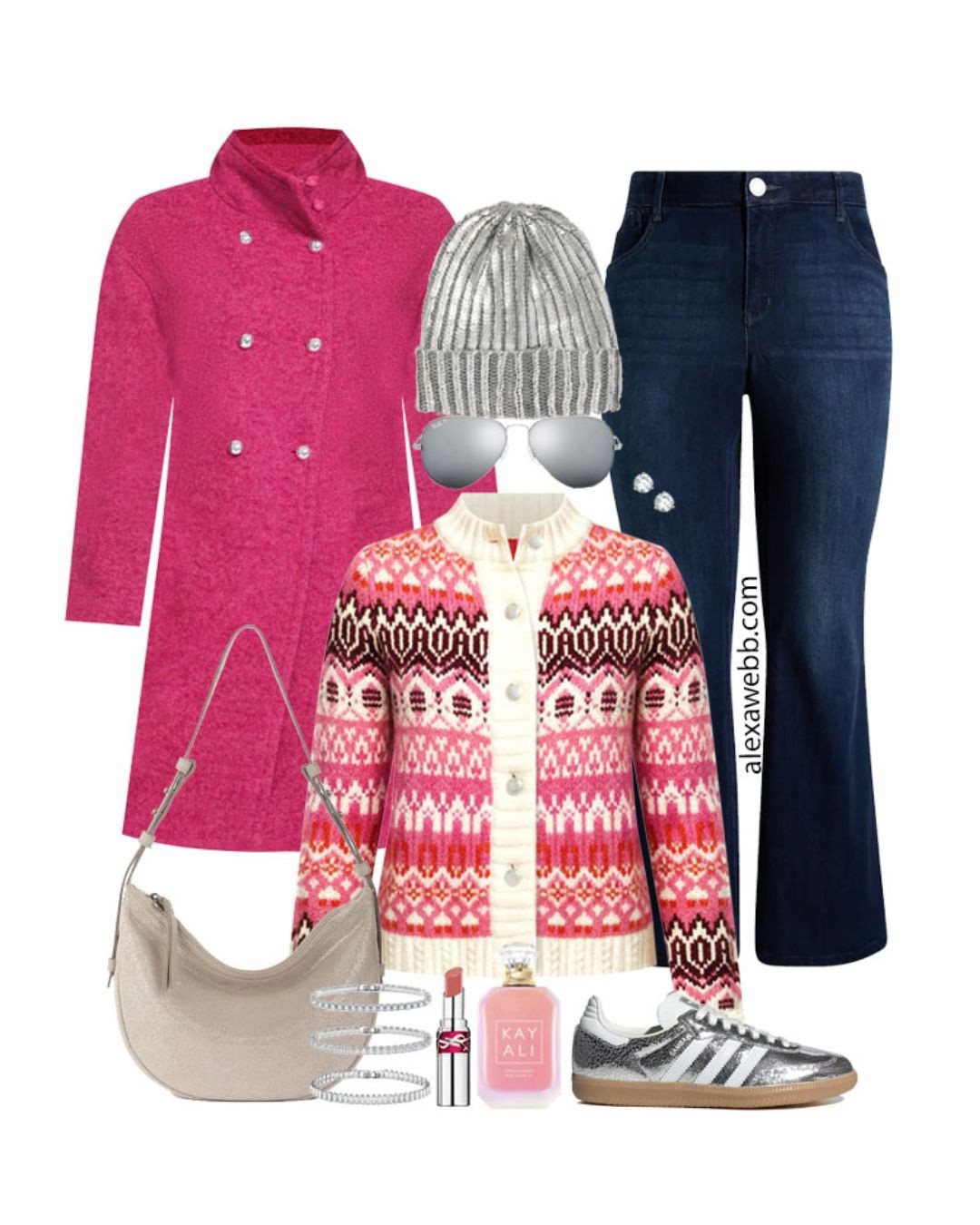 Plus Size Hot Pink Winter Outfits - A plus size casual winter outfit idea with a Fair Isle cardigan and jeans. Alexa Webb #plussize

#LTKPlusSize #LTKMidsize #LTKStyleTip