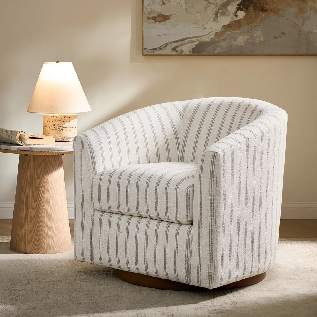 Amiir 30.5'' Wide Modern Upholstery Swivel Barrel Chair with Solid Wood Base | Wayfair North America