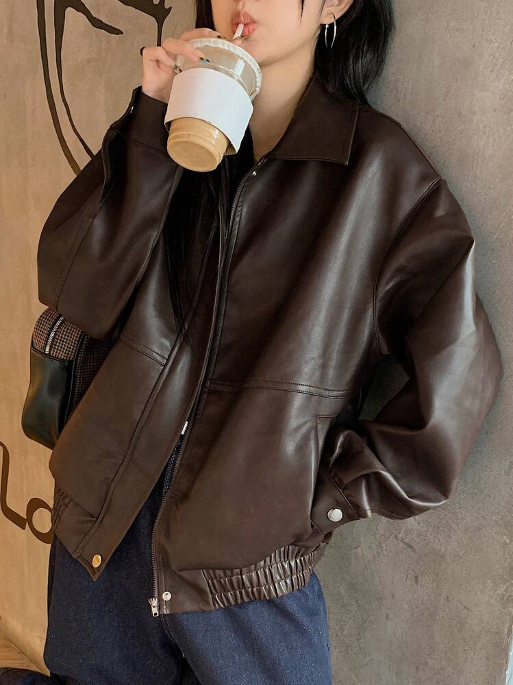 Dazy Women’s Solid Color Long Sleev Zipper Front PU Leather Loose Casual Jacket, Autumn, Fall Women  | SHEIN