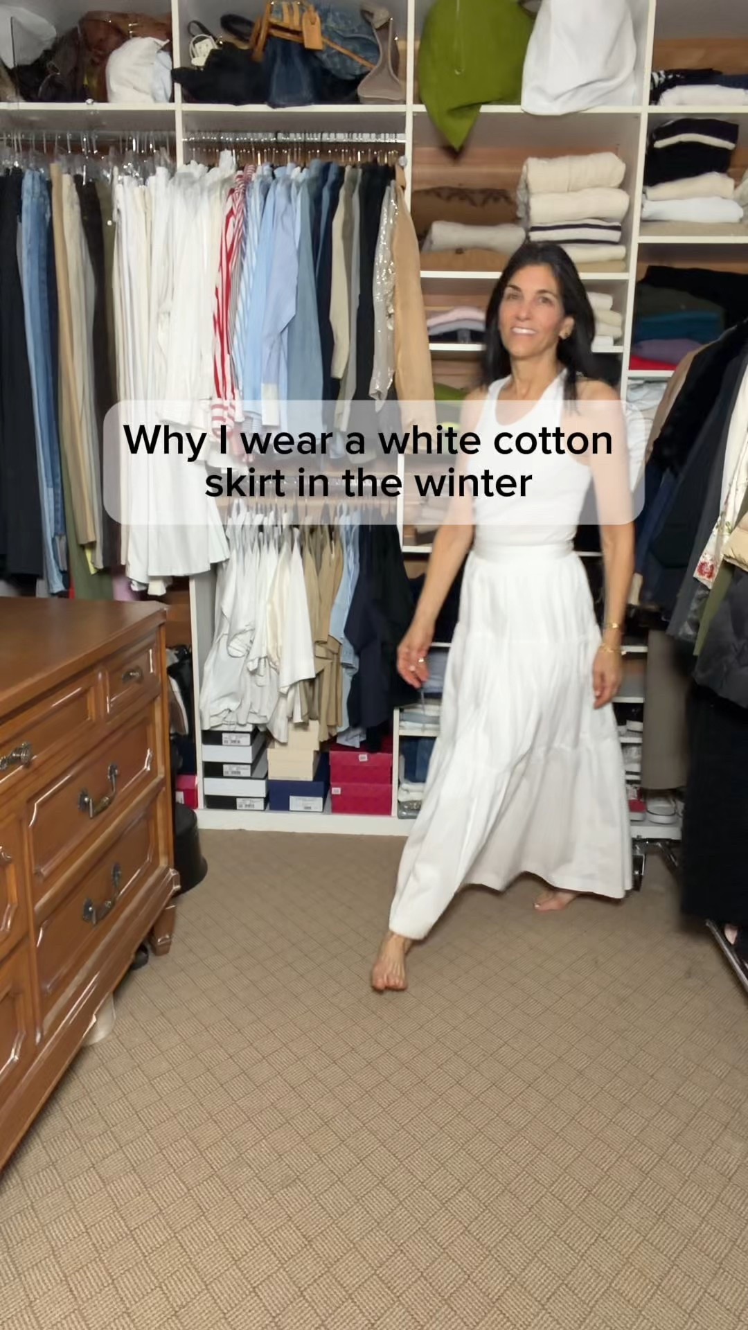 White maxi skirt with chunky black sweater and boots