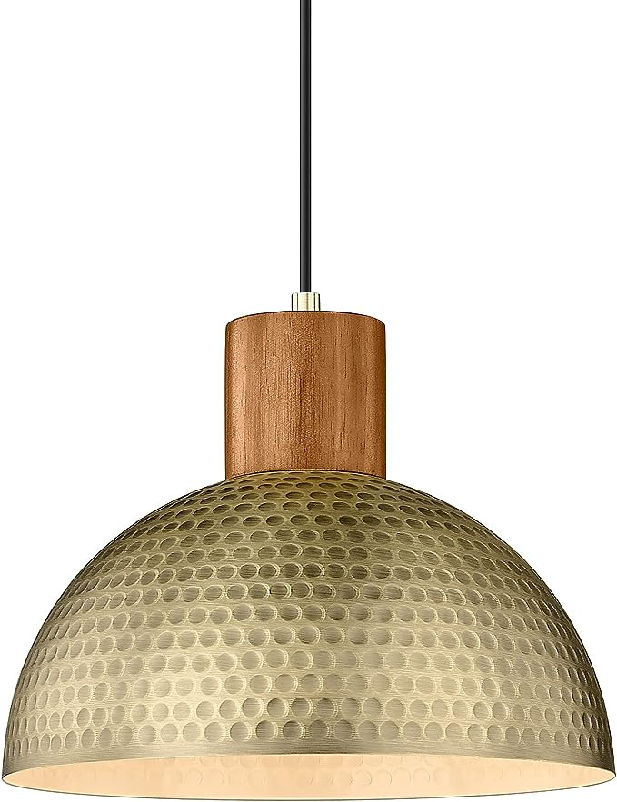 ELYONA Vintage Pendant Light Fixtures, 12” Brushed Brass Hammered Metal & Rubber Wood Industria... | Amazon (US)