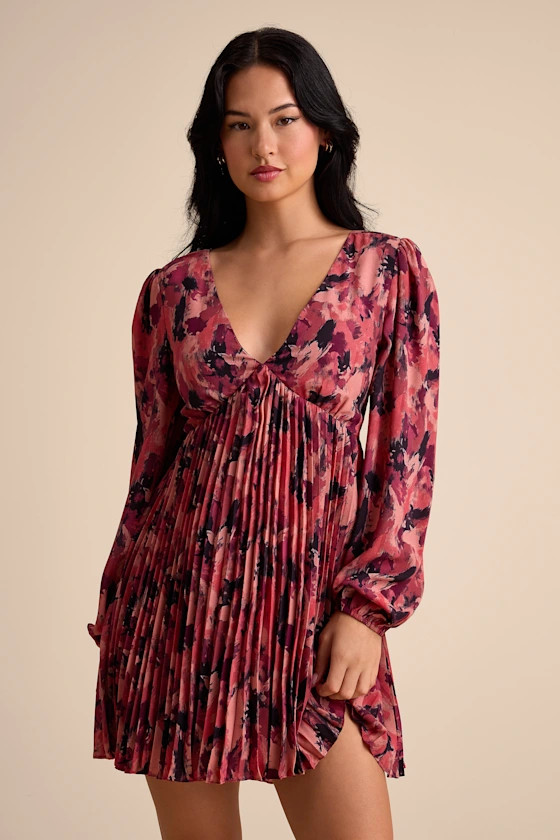 Lowri Pink Multi Abstract Long Sleeve Babydoll Mini Dress | Lulus