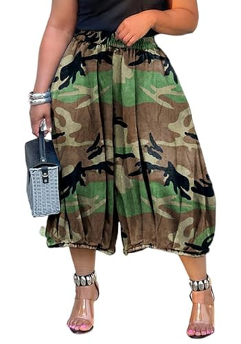 LETSVDO Womens Casual Camo Barrel Jeans Baggy Elastic Waist Wide Leg Palazzo Lantern Camouflage Army Boho Denim Capri Pants | Amazon (US)