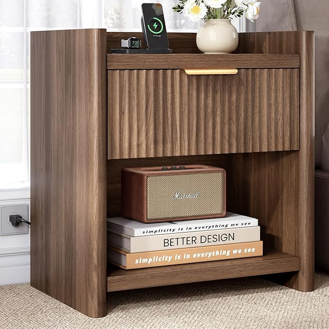 25.9" Fluted Nightstand with Charging Station, Large Modern Bedside Table with Storage Drawer and... | Amazon (US)