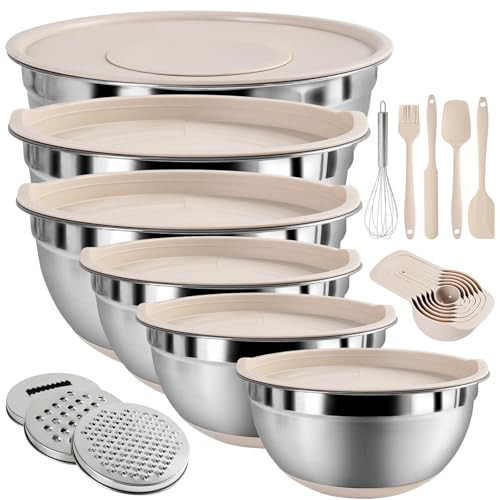 Mixing Bowls with Airtight Lids Set, 20 PCS Kitchen Gadgets Set, 6 Stainless Steel Bowls,3 Grater Attachments,Non-Slip Silicone Bottoms,Great for Serving&Baking,Size 5, 4, 3.5, 2.1, 1.5, 1.1QT (Khaki) | Amazon (US)