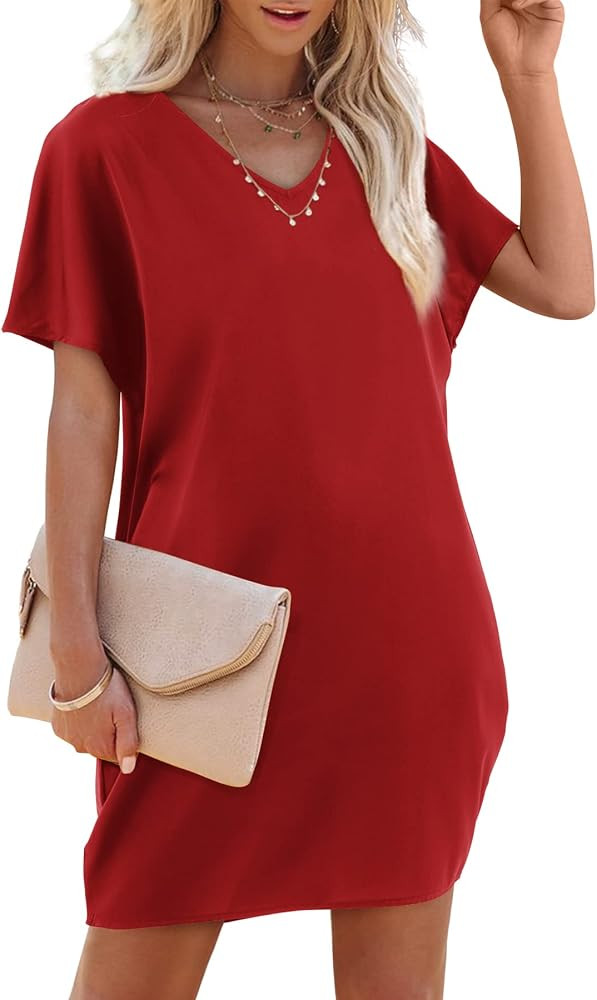 Amoretu Short Sleeve V Neck Mini Dresses Loose Fit Trendy Tunic Dress for Women with Pocket | Amazon (US)