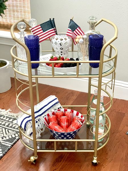 My gold bar cart decorated for Memorial Day party!  Home entertaining, Fourth of July

#LTKHome #LTKSeasonal #LTKParties